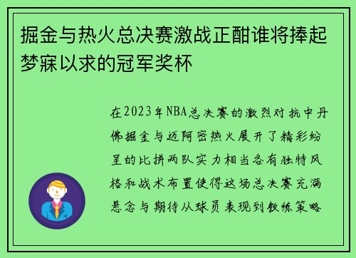 掘金与热火总决赛激战正酣谁将捧起梦寐以求的冠军奖杯